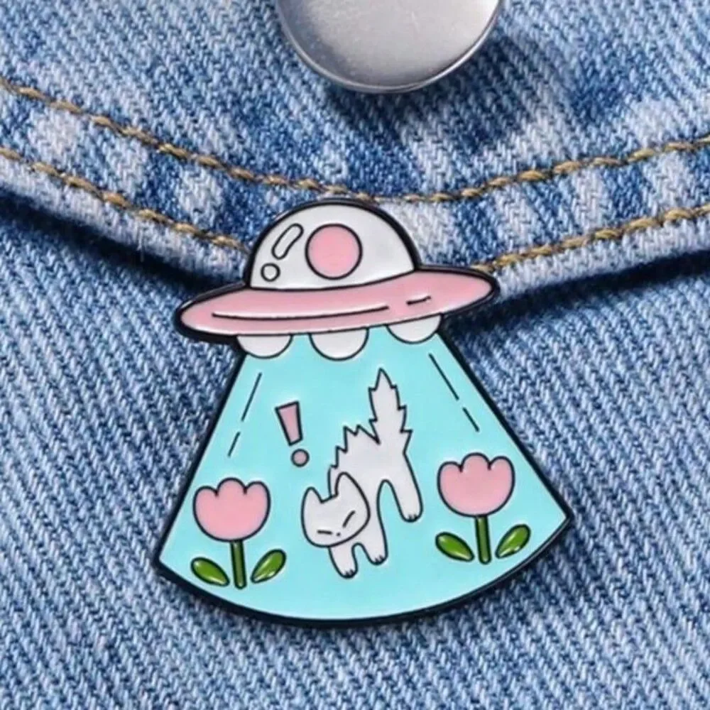 Cat UFO Alien Abduction Pink Enamel Pin